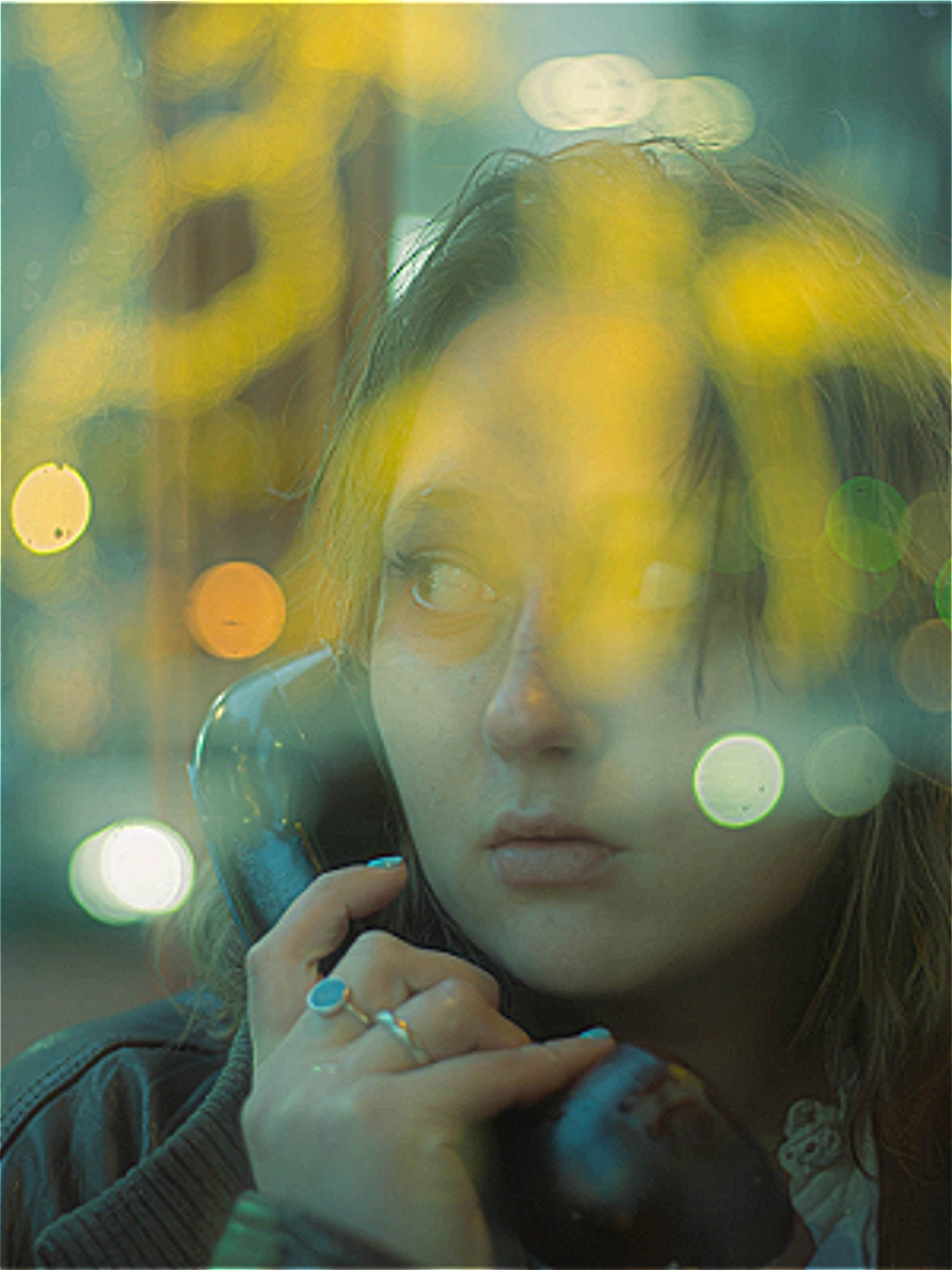 Portrait mélancolique d'une jeune femme tenant un combiné téléphonique vintage derrière une vitre aux reflets dorés de la ville nocturne. Photo par Interviolate.
